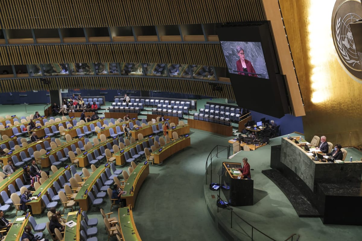 Foreign Minister Penny Wong addresses the United Nations General Assembly in New York on 23 September 2022 (Andrew Kelly/DFAT)