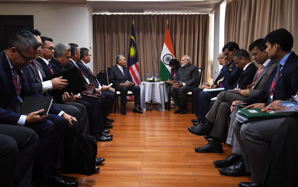 Malaysia's then prime minister Mahathir Mohamad at a 2019 meeting with Narendra Modi in Vladivostok before a spat over Mahathir's remarks on Kashmir (MEA Photo Gallery/Flickr)