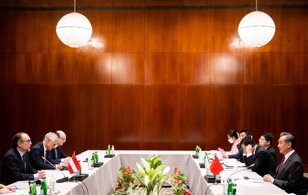Austrian Foreign Minister Alexander Schallenberg met with Wang on the sidelines of the Munich Security Conference (BMEIA/Gruber)