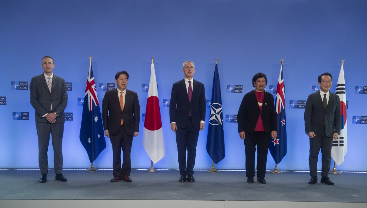Indo-Pacific partner countries visit NATO HQ on 5 April: from left, Deputy Ambassador David Dutton, Australia; Yoshimasa Hayashi, Minister of Foreign Affairs, Japan; NATO Secretary General Jens Stoltenberg; Nanaia Mahuta, Minister of Foreign Affairs, New Zealand; Do Hoon-lee, Second Vice Minister of Foreign Affairs, South Korea, (NATO/Flickr)