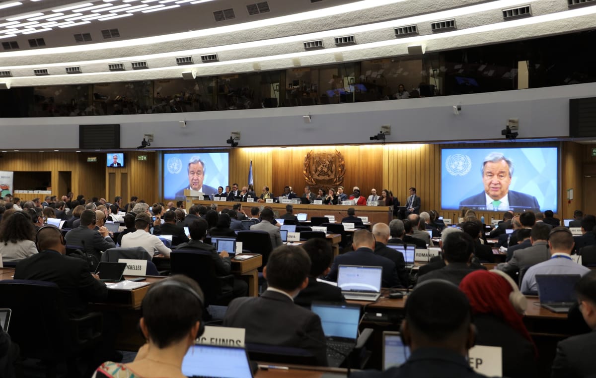 UN Secretary General António Guterres is beamed in to address the Marine Environment Protection Committee (MEPC) meeting at the International Maritime Organisation HQ in London on 3 July (IMO)