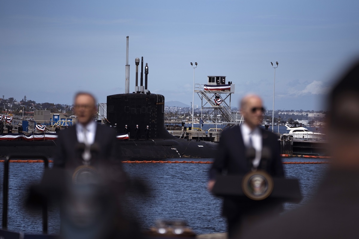 Anthony Albanese, Australia's prime minister, left, and US President Joe Biden at Naval Base Point Loma in San Diego, California, US, on Monday, March 13, 2023. The prime ministers of the UK and Australia are meeting Biden today as the three nations unveil the next phase of the AUKUS nuclear submarine program, a security partnership meant to counter China. Photographer: Eric Thayer/Bloomberg via Getty Images