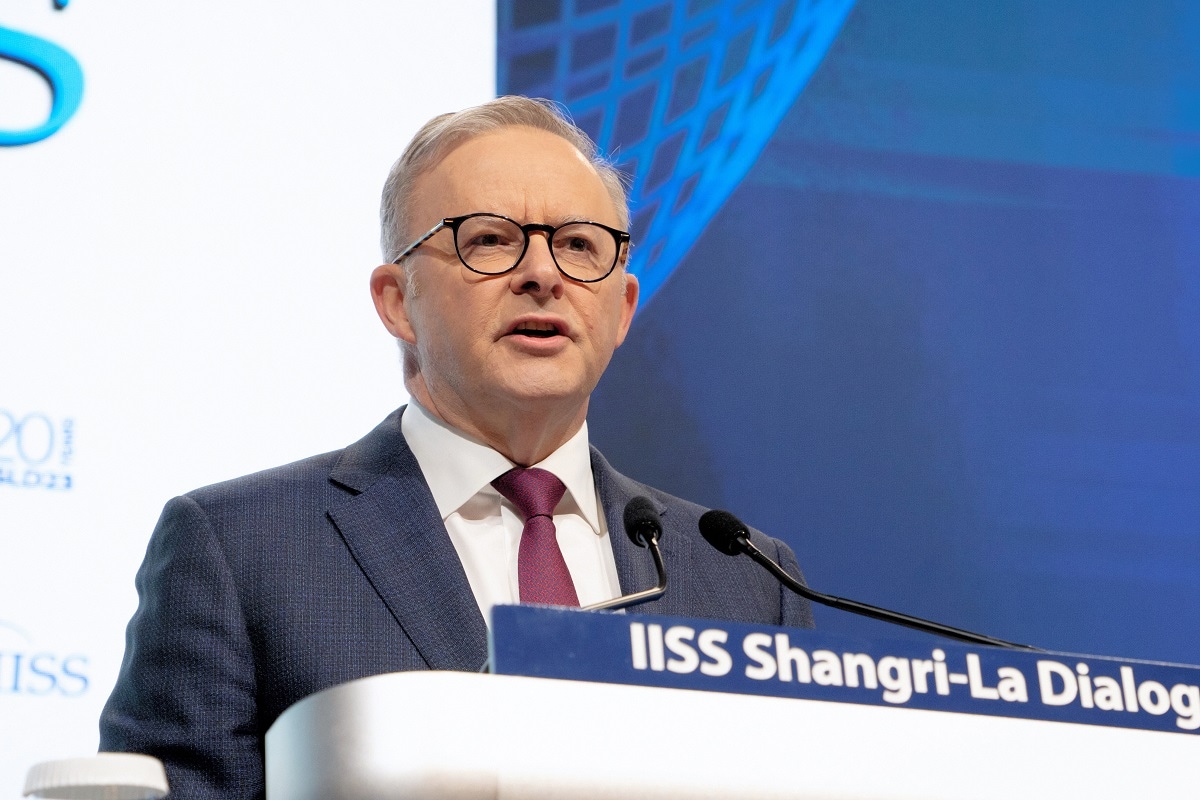 SINGAPORE, SINGAPORE - JUNE 03: Australian Prime Minister Anthony Albanese addresses the IISS Shangri-La Dialogue on June 3, 2023 in Singapore. (Photo by The Asahi Shimbun via Getty Images)