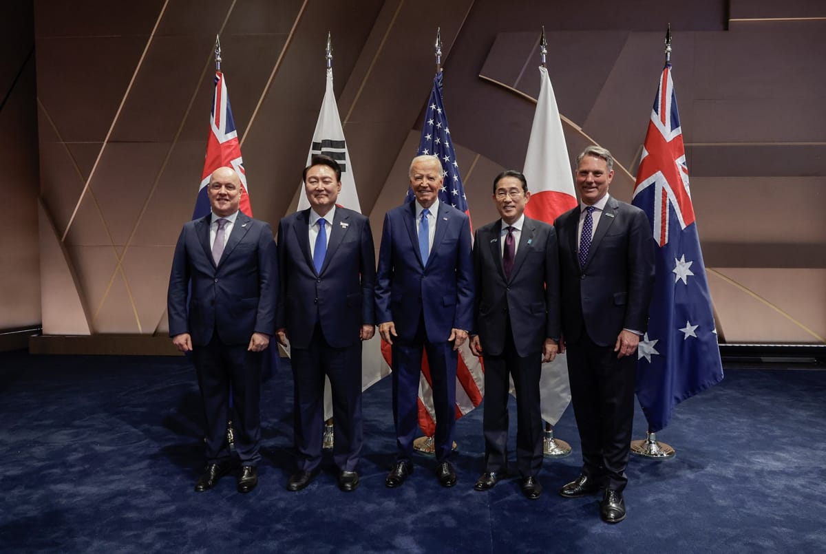 US President Joe Biden with the NATO IP4 partners, from left, New Zealand’s Christopher Luxon, South Korea’s Yoon Suk Yeol, Japan’s Fumio Kishida and Australia’s deputy PM Richard Marles  (@RichardMarlesMP/X)