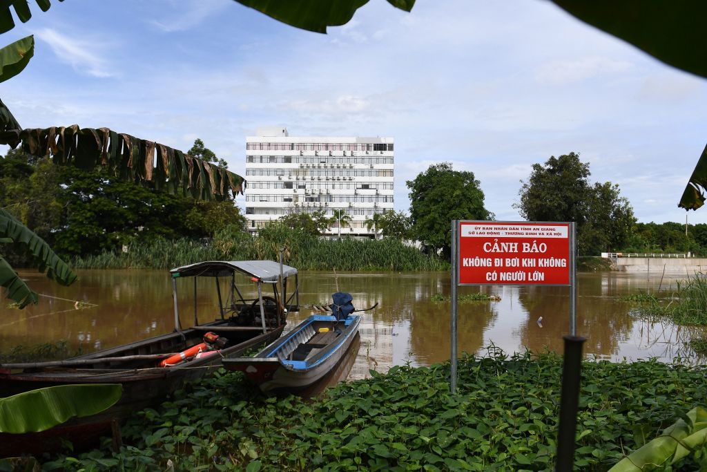 The Binh Di River seen from An Giang province Vietnam, close to the Cambodian border, which Vietnamese forced labour workers swam across in August last year after escaping a scamming gang based in a casino in Kandal province in Cambodia (STR/AFP via Getty Images)