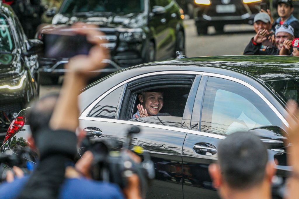 Ganjar Pranowo waves to supporters after being nominated as a candidate for the next presidential election for the Indonesian Democracy Party of Struggle, PDIP (Aditya Aji/AFP via Getty Images)