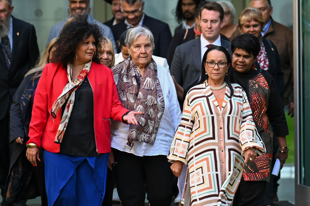Assistant Minister for Indigenous Australians Senator Malarndirri McCarthy, left, Pat Anderson, Minister for Indigenous Australians Linda Burney and Marion Scrymgour MP outside parliament in March (Martin Ollman/Getty Images)