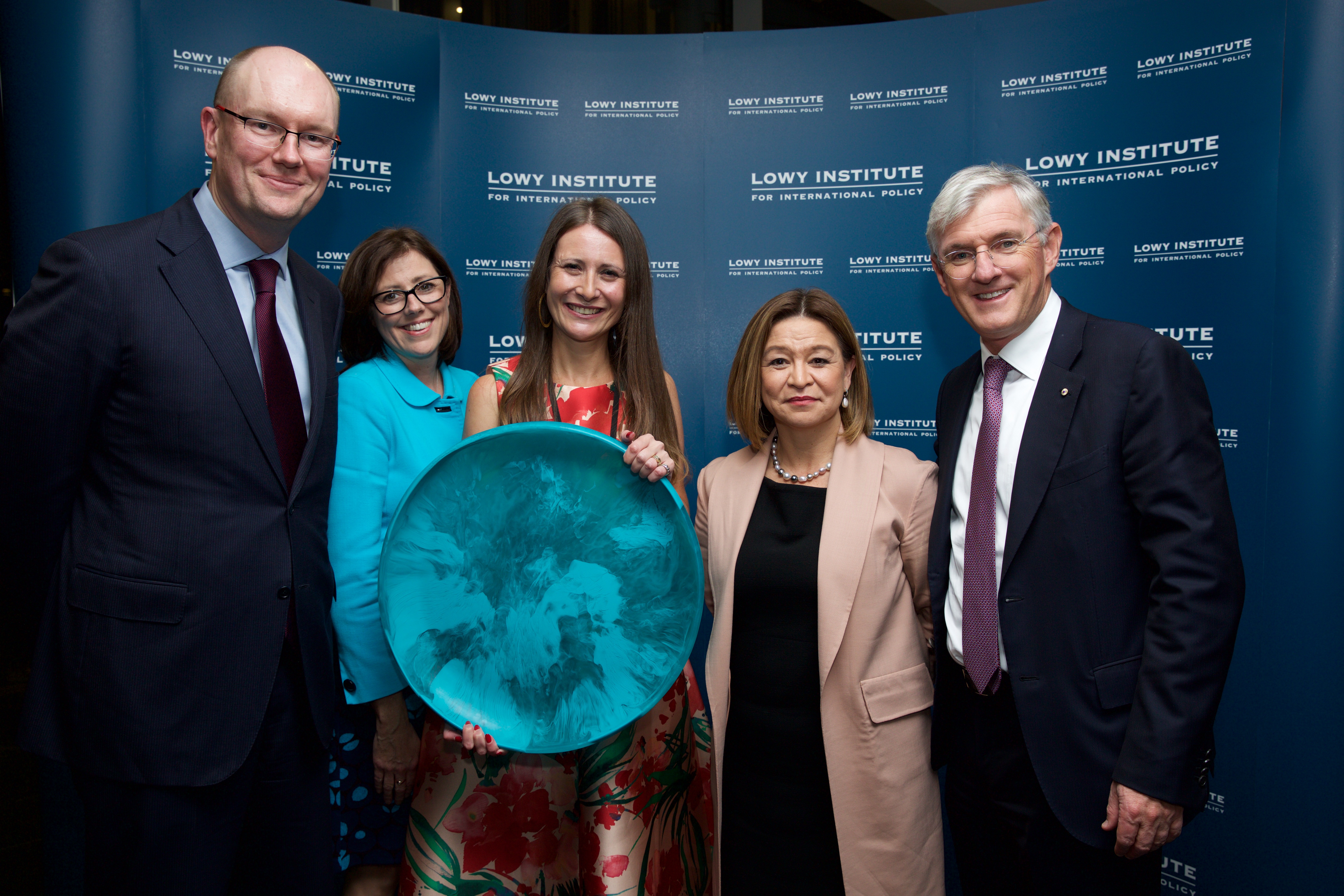The 2016 Lowy Institute Media Award ceremony. From left to right: Michael Fullilove, Jane Anderson, Jewel Topsfield, Michelle Guthrie and Steven Lowy.