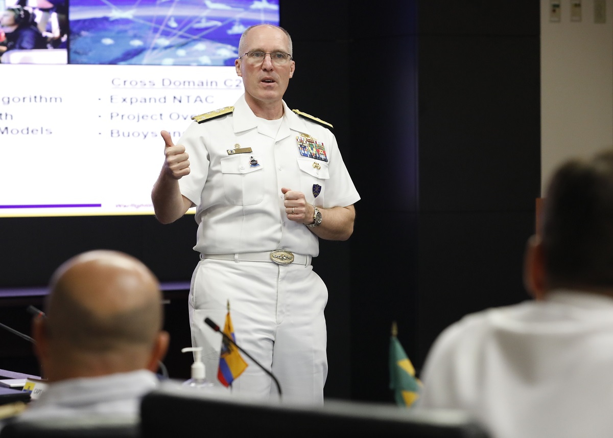 Vice-Admiral Rob Gaucher, Commander of US Submarine Forces, speaks to US, allied, and partner nation submarine force commanders during the third annual Submarine Conference of the Americas, 5 April 2024 (MCS 1st Class Justin E. Yarborough/US Navy)