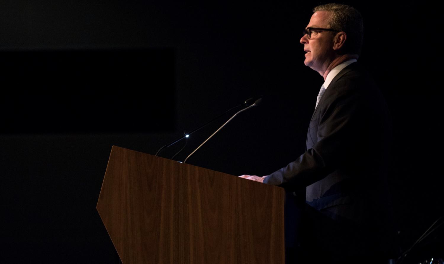 Minister for Defence Industry Christopher Pyne addressing the 2017 SeaPower conference in Sydney, October 2017 (Photo: POIS Phil Cullinan/Department of Defence/Commonwealth of Australia)