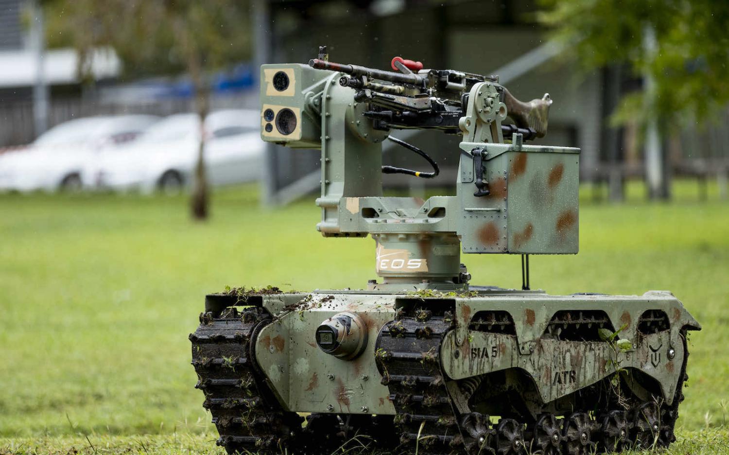 The Warfighter Unmanned Ground Vehicle by “Built In Australia 5” on display during a presentation of robotics and autonomous equipment at Lavarack Barracks on 19 February 2021 (Defence Department)