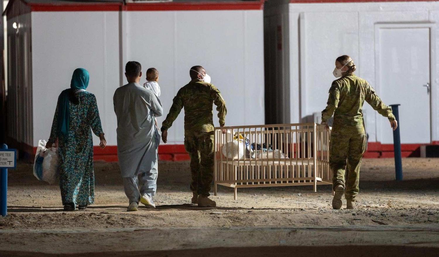 Australian troops at a temporary camp on 21 August for people evacuated from Kabul (Department of Defence)