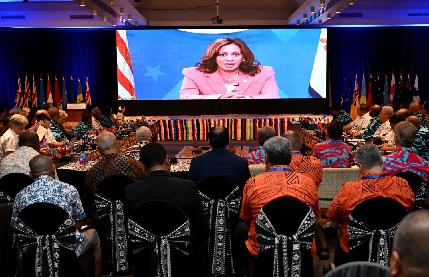 US Vice President Kamala Harris speaks via video-link to the Pacific Islands Forum in Suva on 13 July 2022 (William WEST/AFP via Getty Images)