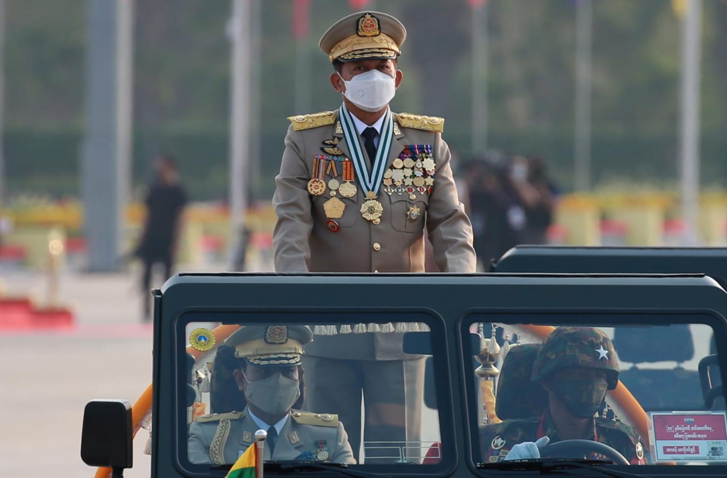 Senior General Min Aung Hlaing, leader of the junta, during a military parade in Naypyidaw in March (U Aung/Xinhua via Getty Images)