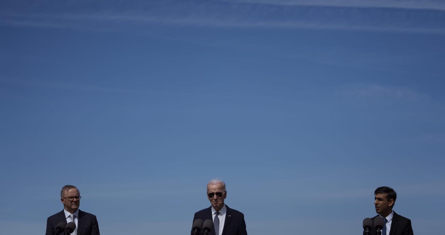 Anthony Albanese, Australia's prime minister, from left, US President Joe Biden, and Rishi Sunak, UK prime minister, in San Diego this month for the AUKUS announcement (Eric Thayer/Bloomberg via Getty Images)