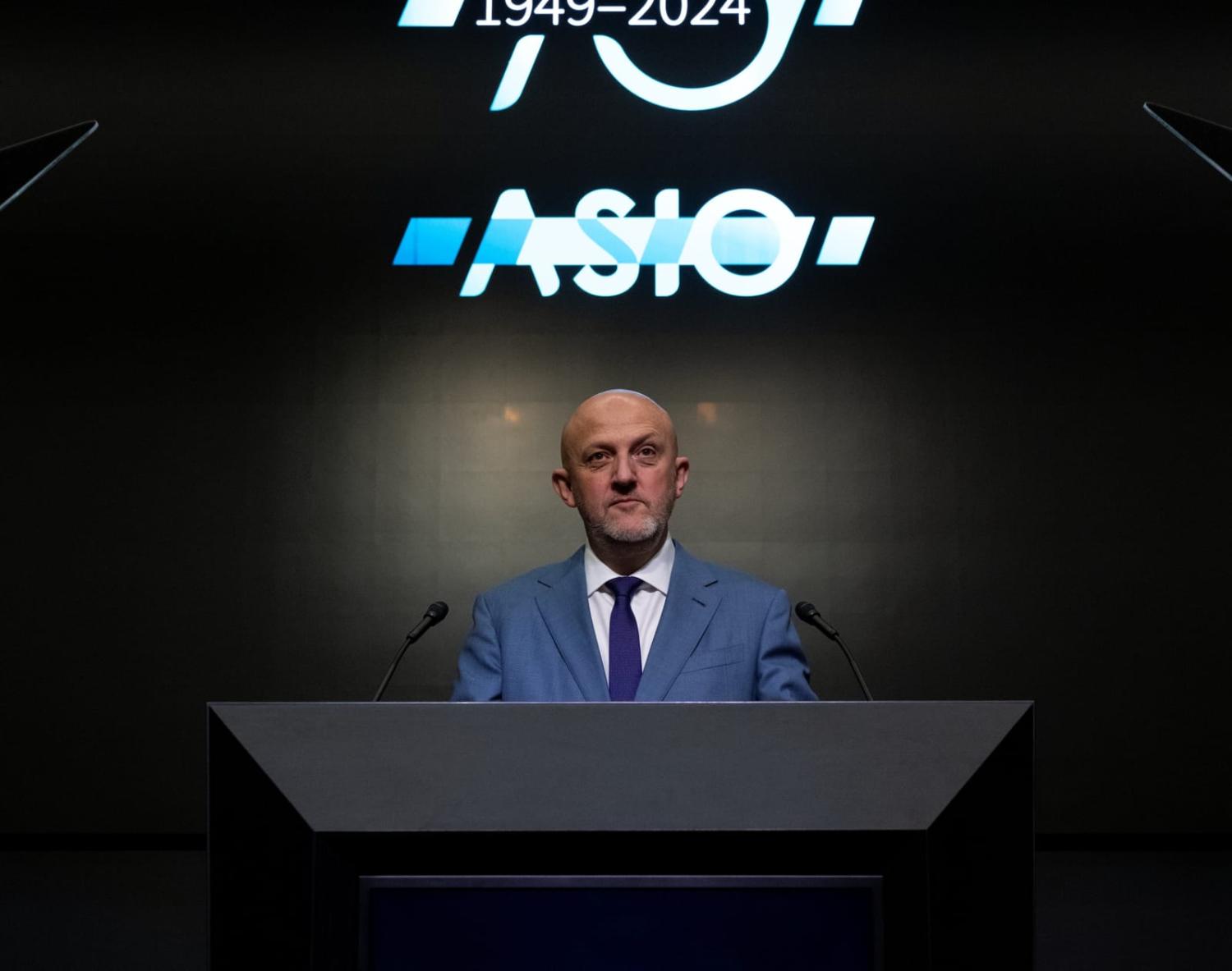 ASIO Director General Mike Burgess delivering his speech on Wednesday (ASIOGovAu/X)