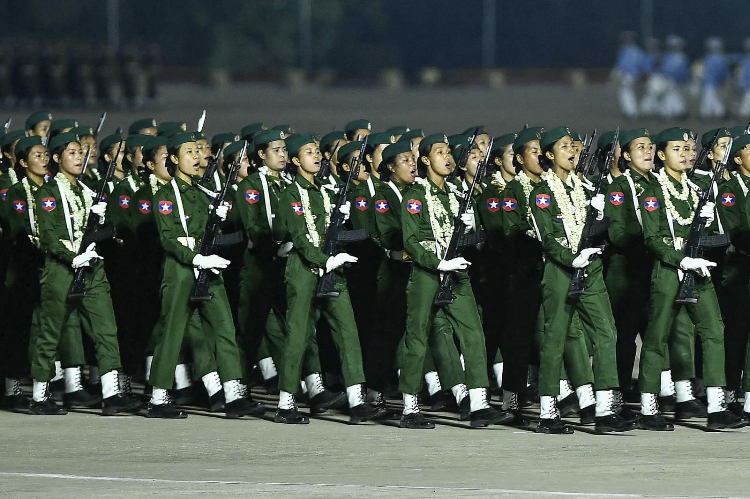 Myanmar junta military soldiers at a ceremony to mark the country's Armed Forces Day in Naypyidaw on 27 March 2024 (STR via Getty Images)