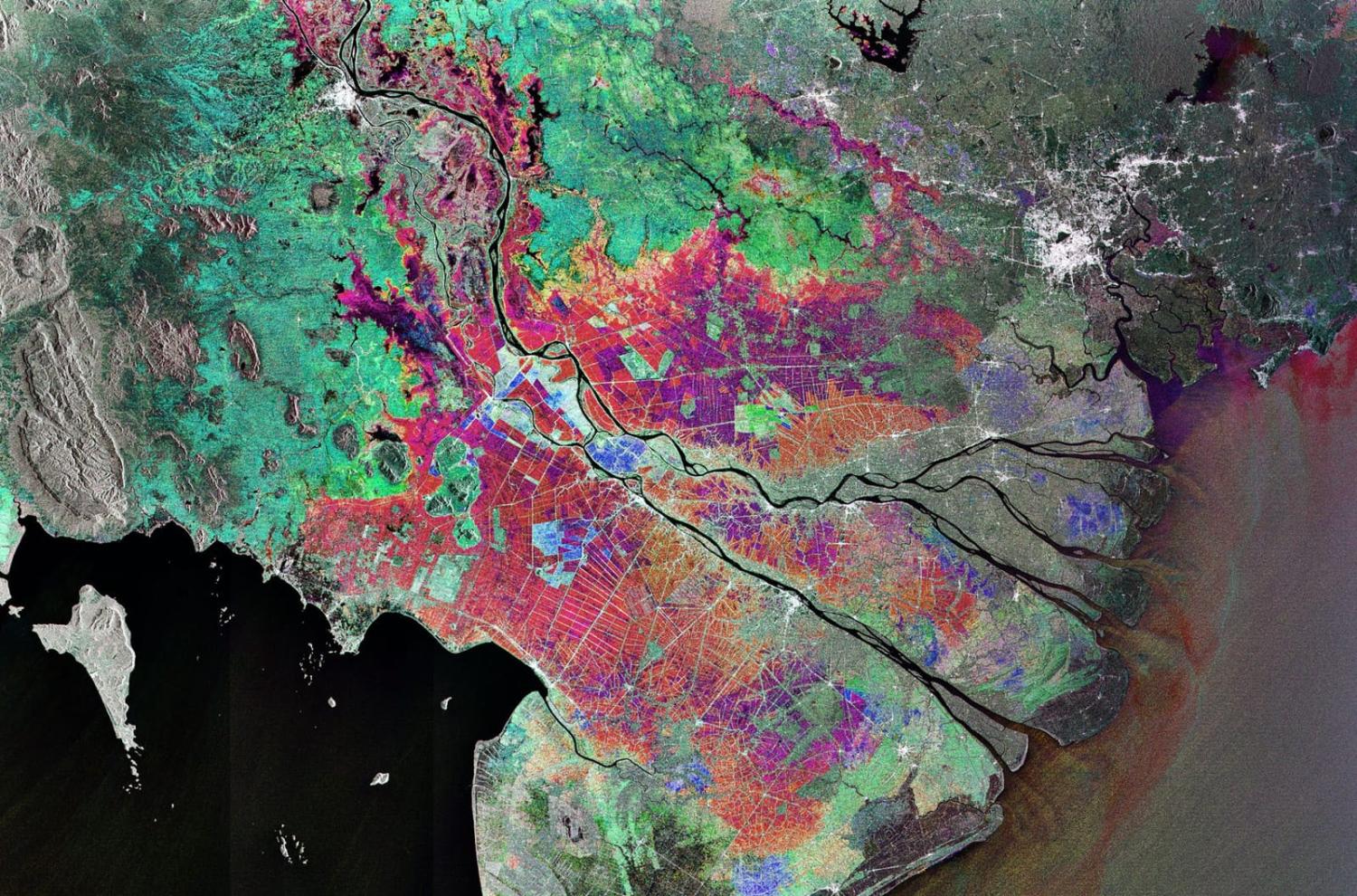 The Mekong Delta, where the Mekong, the world's 12th longest river, fans out into tributaries and empties into the South China Sea (Envisat image via European Space Agency)