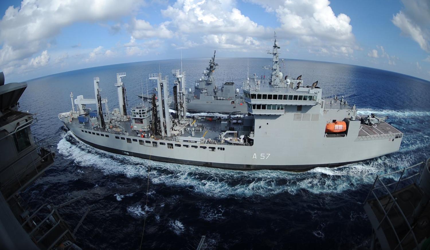 Indian Deepak-class fleet tanker INS Shakti (A 57) during a replenishment-at-sea exercise as a part of Exercise Malabar 2015 (US Pacific Fleet/Flickr)