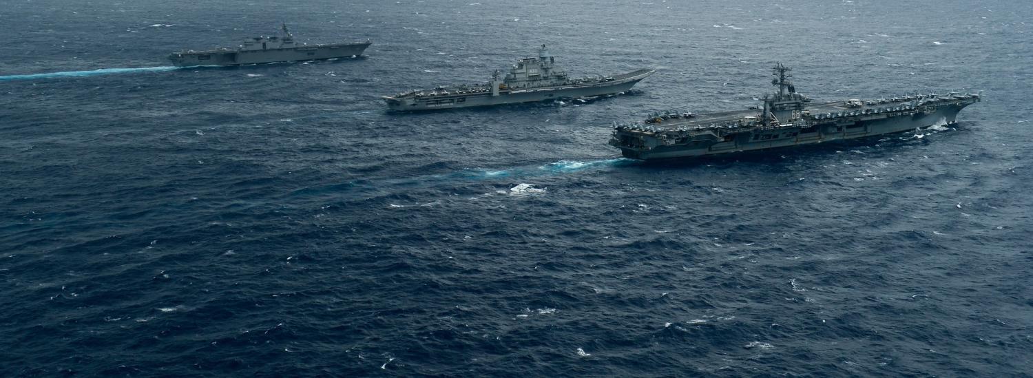 Ships from the Indian Navy, Japan Maritime Self-Defense Force and the US Navy operating in Exercise Malabar 2017, July 2017 (Photo: US Pacific Fleet/Flickr)
