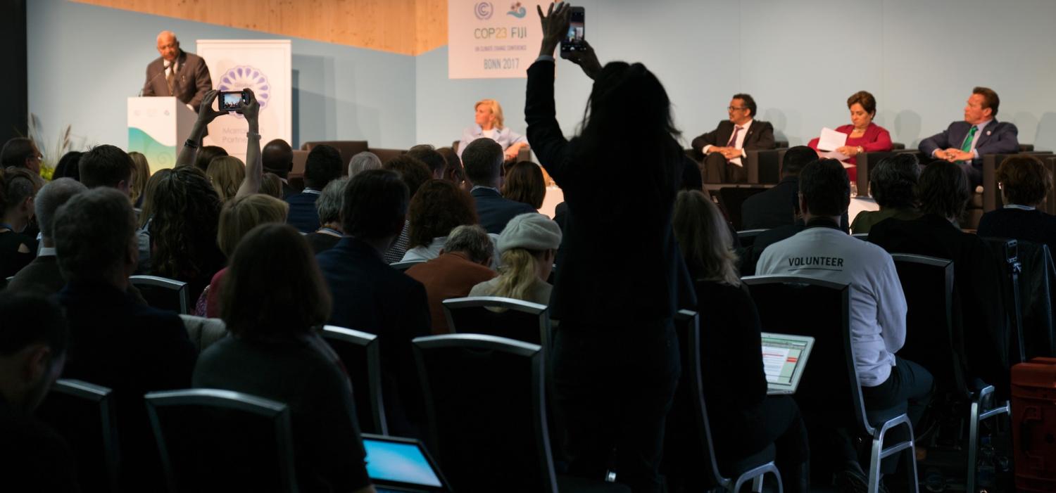 Fijian Prime Minister Frank Bainimarama speaking at COP23, November 2017 (Photo: UNclimatechange/Flickr)