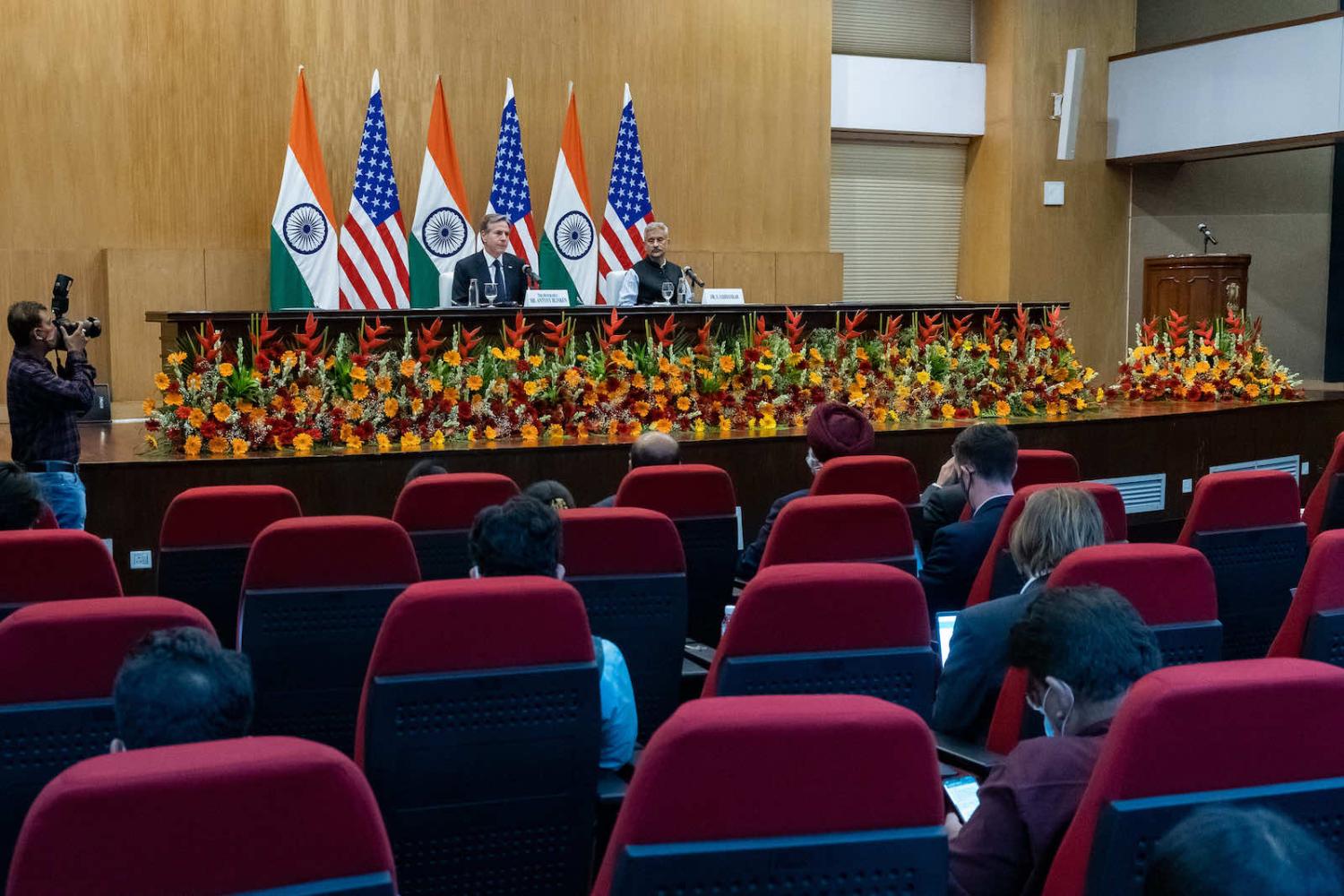 US Secretary of State Antony Blinken, left, at a press conference with Indian External Affairs Minister Subrahmanyam Jaishankar in New Delhi on 28 July (US State Department/Flickr)