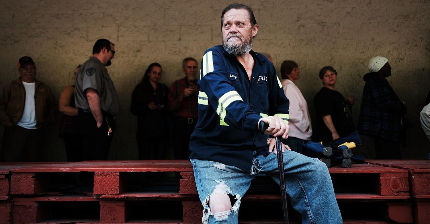 Local man Bobby McPeak among those waiting outside a foodbank in the struggling coal mining town of Welch, West Virginia (Photo: Spencer Platt/Getty Images)