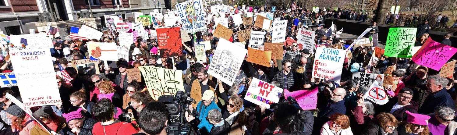 Protestors at a Not My President Day event In New York on 20 February (Photo: Andy Katz/Getty Images)