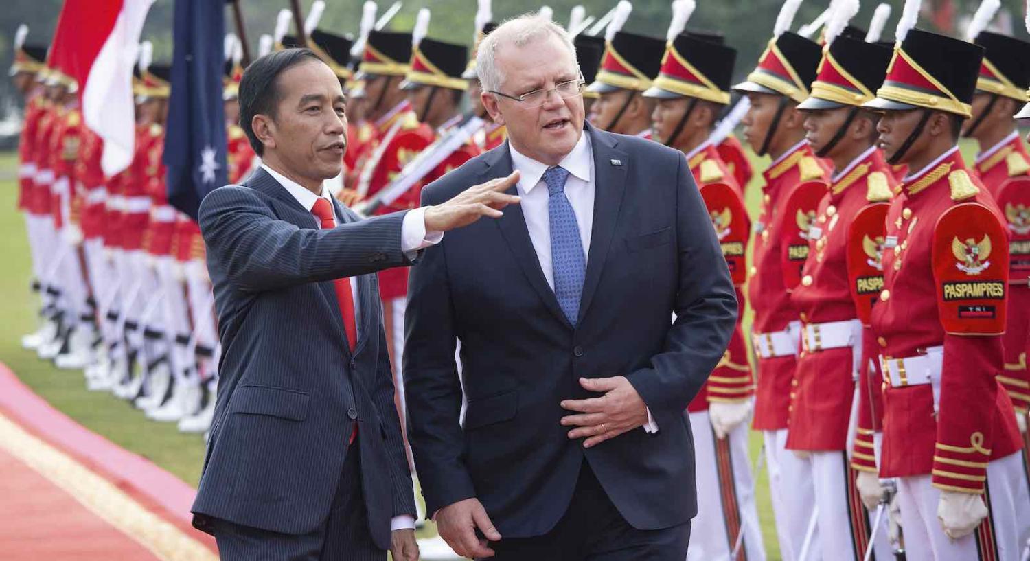 Scott Morrison, on his first overseas trip as Prime Minister, with Indonesian President Joko Widodo in Bogor, Indonesia (Photo: Ed Wray/Getty)