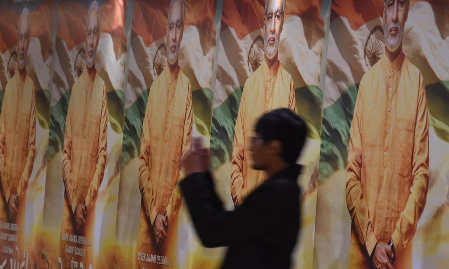 Poster displays for the forthcoming Modi biopic (Photo: Indranil Mukherjee via Getty)