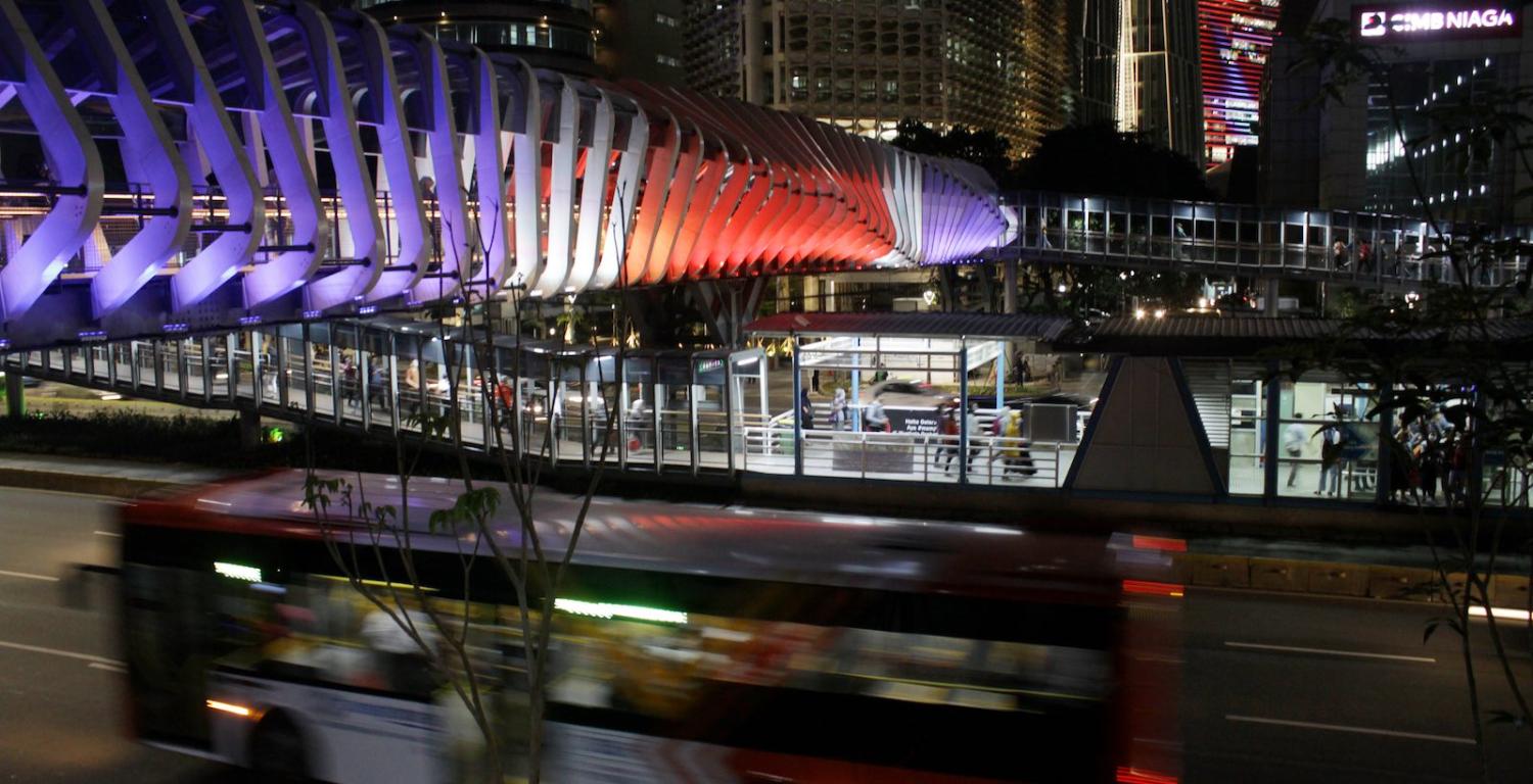 A pedestrian bridge in Jakarta lit with the colours of the New Zealand flag in sympathy for the victims in Christchurch (Photo: Aditya Irawan via Getty)