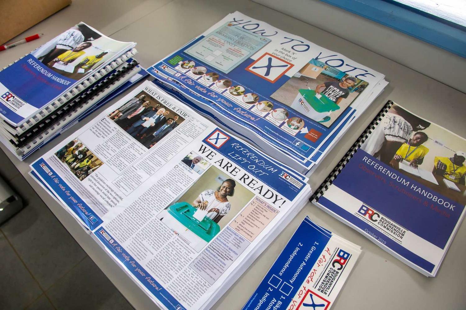 Voting information pamphlets at a polling station in Buka ahead of the November 2019 independence vote in Bougainville (Ness Kerton/AFP via Getty Images)