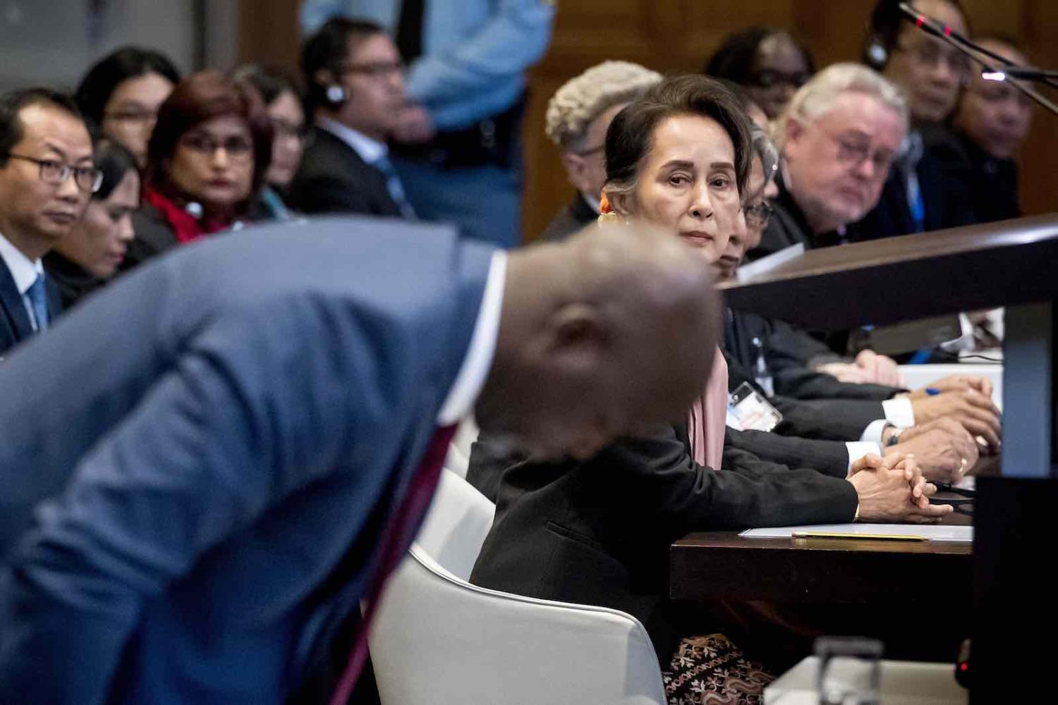 Myanmar's State Counsellor Aung San Suu Kyi looks on as Gambian Justice Minister Abubacarr Tambadou appears before International Court of Justice on 10 December, The Hague (Photo: Photo by Koen Van Weel/AFP/Getty)