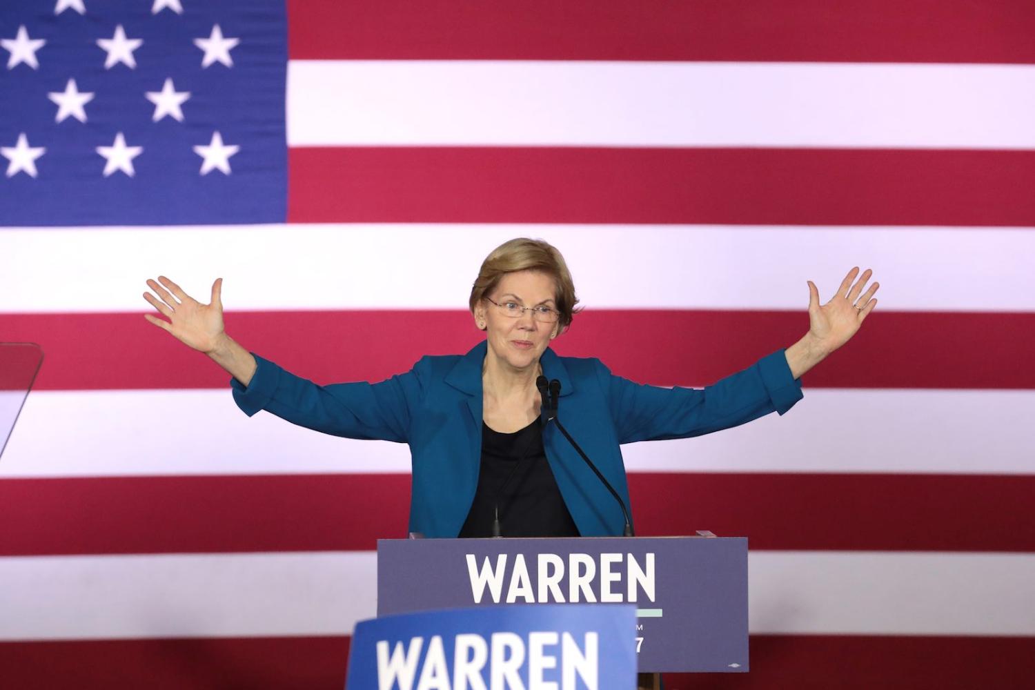 Elizabeth Warren speaking at a primary night event in Manchester, New Hampshire, 11 February 2020 (Scott Olson/Getty Images)