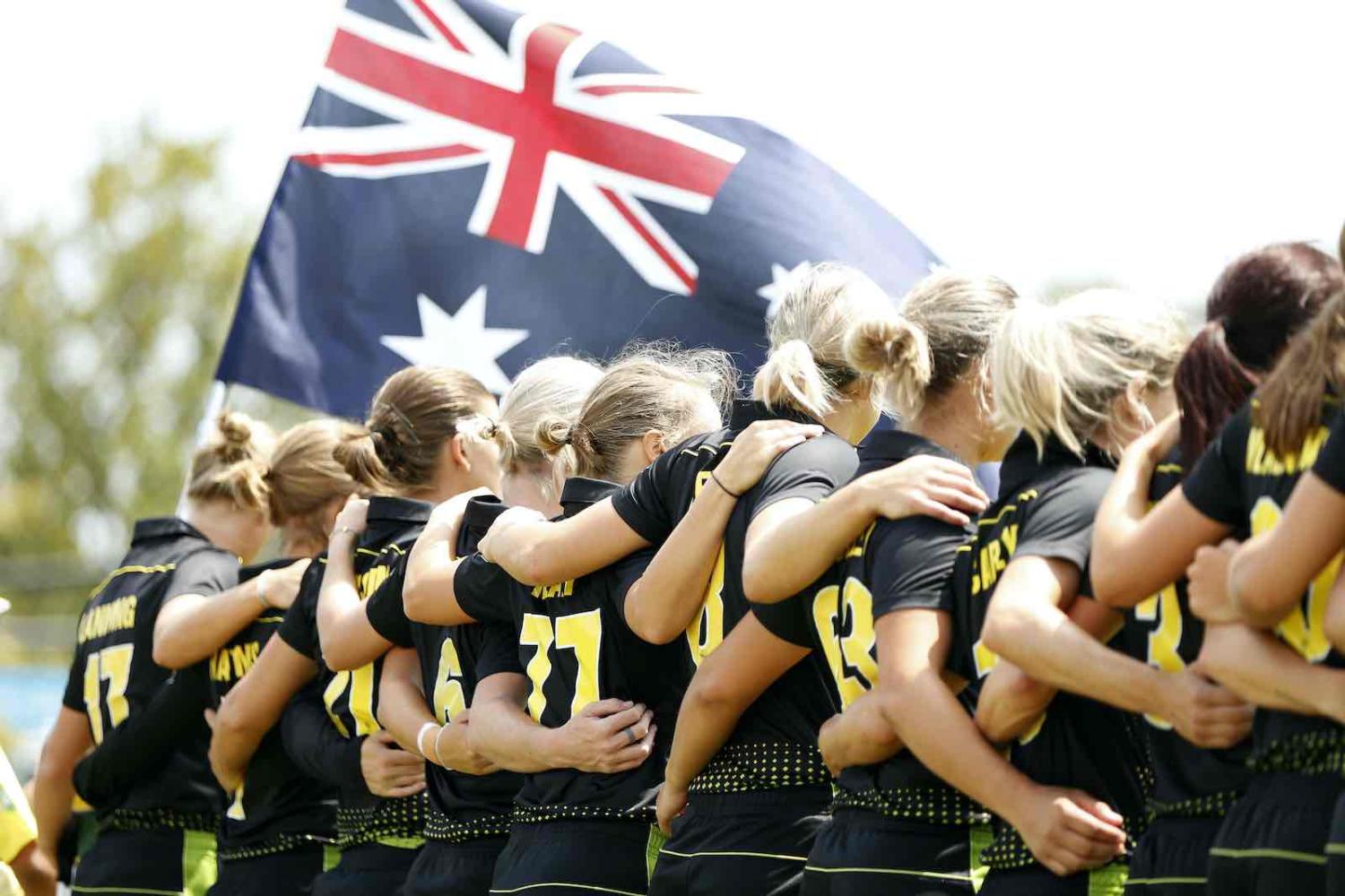 The Australian national anthem is played before the Women’s Twenty20 cricket tri-series final between Australia and India at Junction Oval, Melbourne, February 2020 (Darrian Traynor/Cricket Australia via Getty Images)