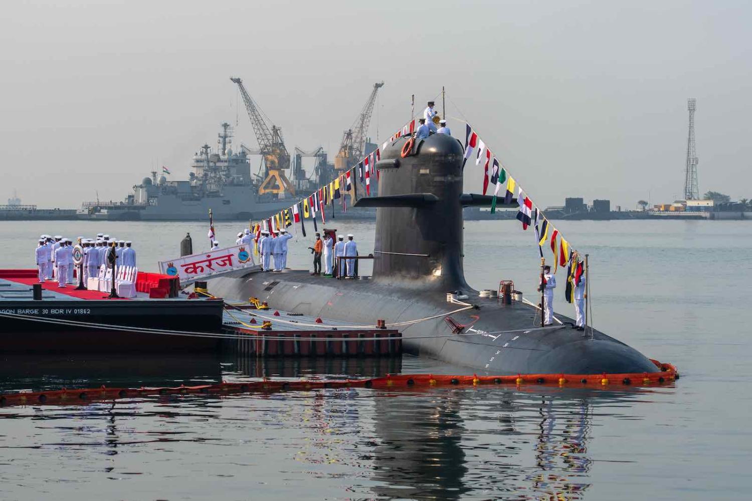 The commissioning ceremony on 10 March for the Indian Navy’s third Scorpene-class submarine “Karanj” (Punit Paranjpe/AFP via Getty Images)
