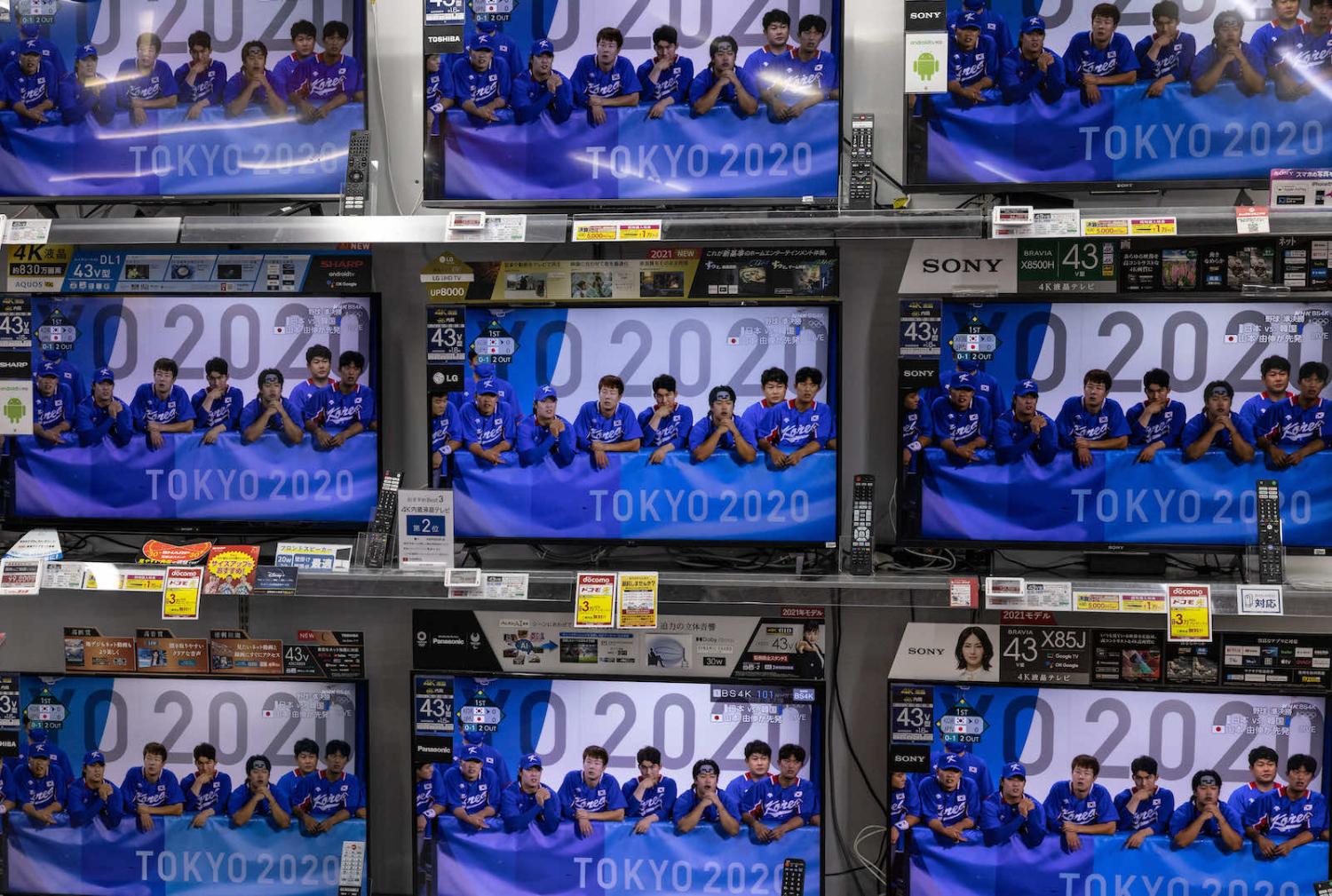 The broadcast of the South Korea versus Japan baseball semifinal match at the Tokyo Olympics (Carl Court/Getty Images)