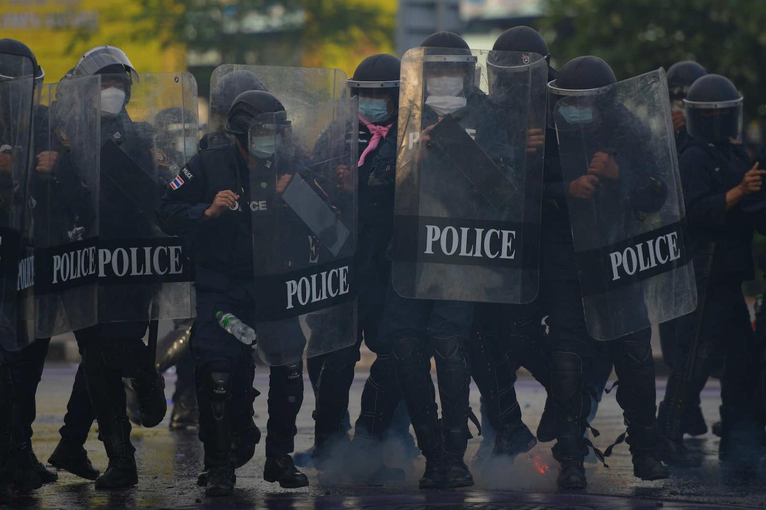 A police line during anti-government protests in Bangkok on 29 August (Vachira Vachira/NurPhoto via Getty Images)