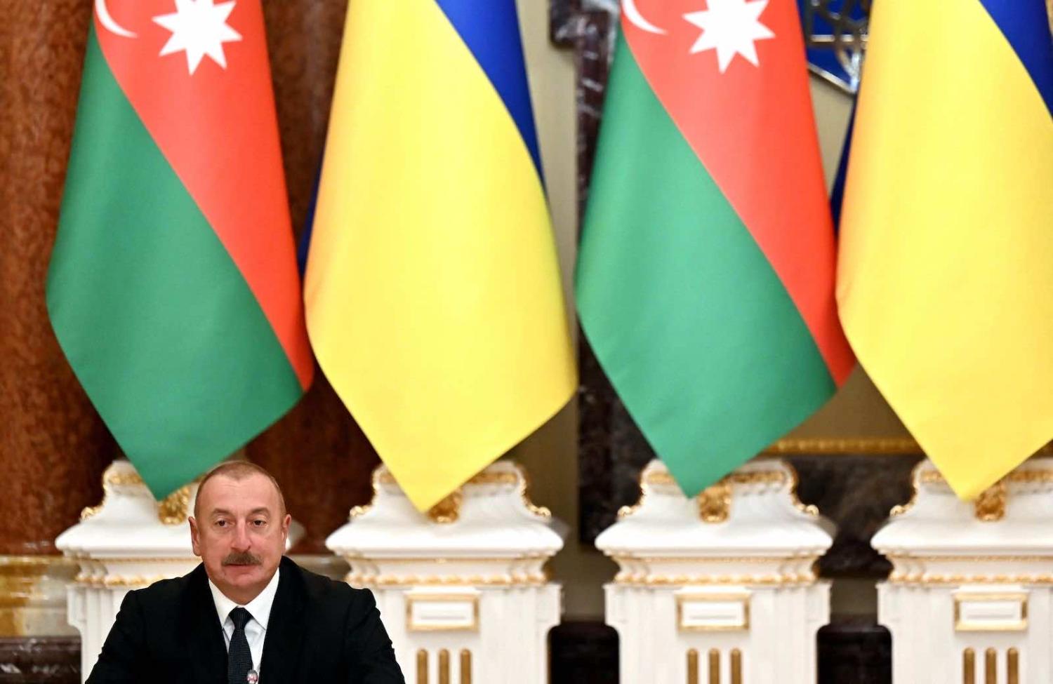 Azerbaijanian President Ilham Aliyev during talks in Kyiv on 14 January 2022 (Sergei Supinsky/AFP via Getty Images)