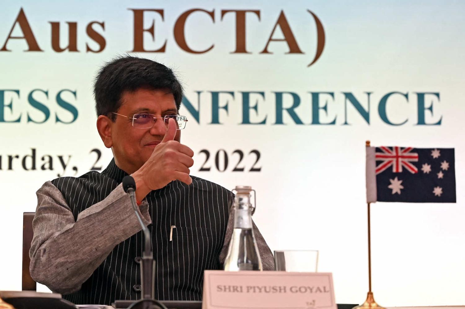 India’s Commerce Minister Piyush Goyalafter taking part in the virtual signing ceremony of the Australia-India Economic Cooperation and Trade Agreement in a virtual ceremony with Australian Trade Minister Dan Tehan (Sajjad Hussain/AFP via Getty Images)