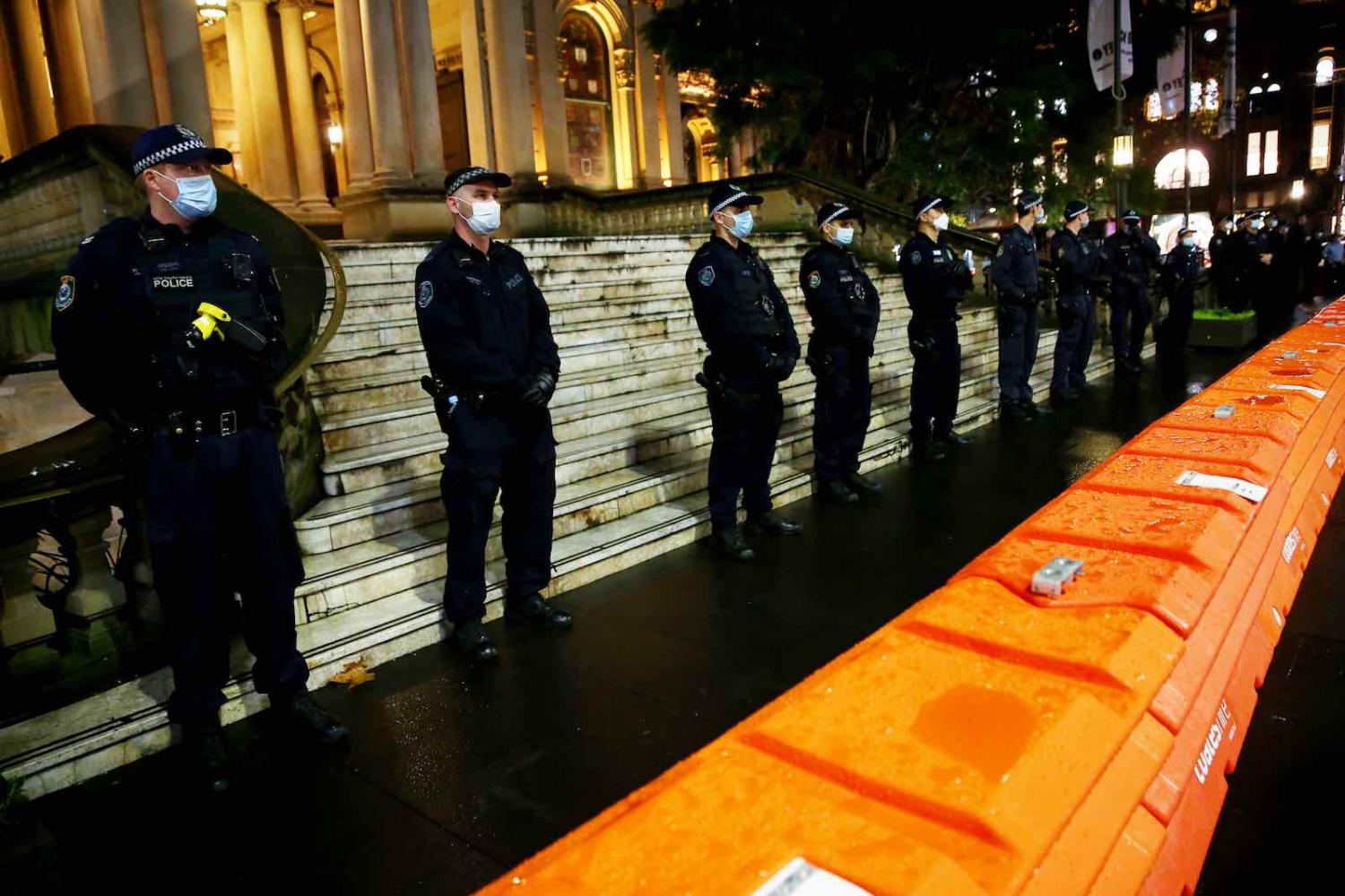 NSW police officers at Sydney Town Hall during a rally in support of the Black Lives Matter movement, 12 June 2020 (Don Arnold/Getty Images)