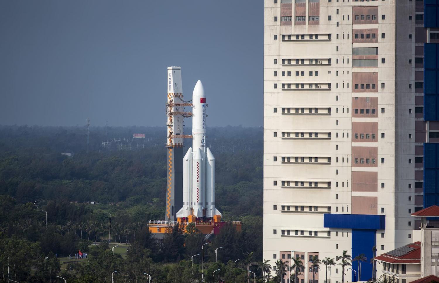 The rocket carrying the core module of China's space station, Tianhe, stands at the launching area of the Wenchang spacecraft launch site on 23 April 2021 in Hainan province (VCG via Getty Images)