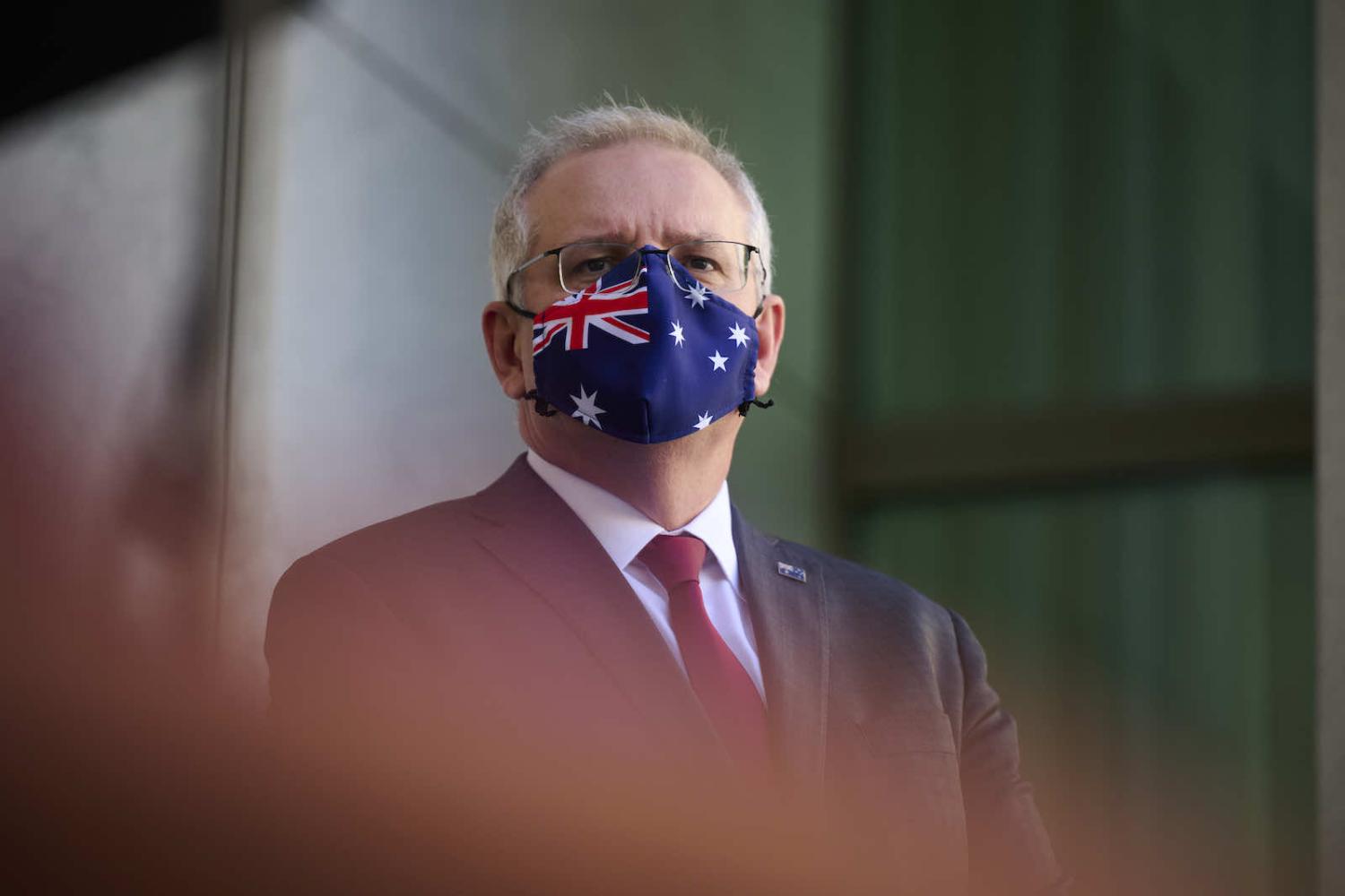 Prime Minister Scott Morrison at a media conference to discuss the airlift evacuation from Kabul (Rohan Thomson/Getty Images)