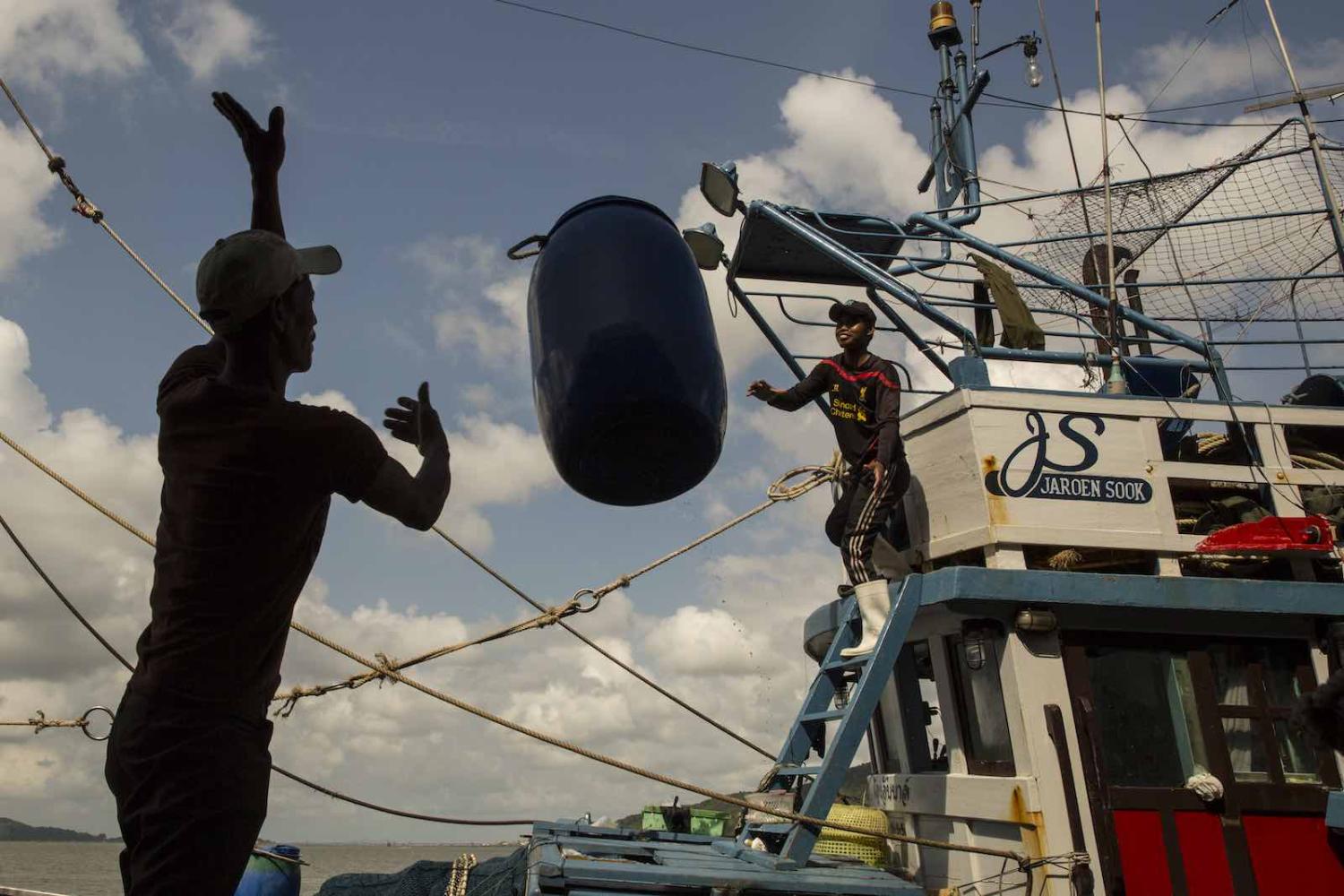 Boat workers in Songkhla, Thailand, February 2016. Thailand's multi-billion dollar seafood industry was found in 2015 to involve labour abuses, including slavery (Paula Bronstein/ Getty Images)