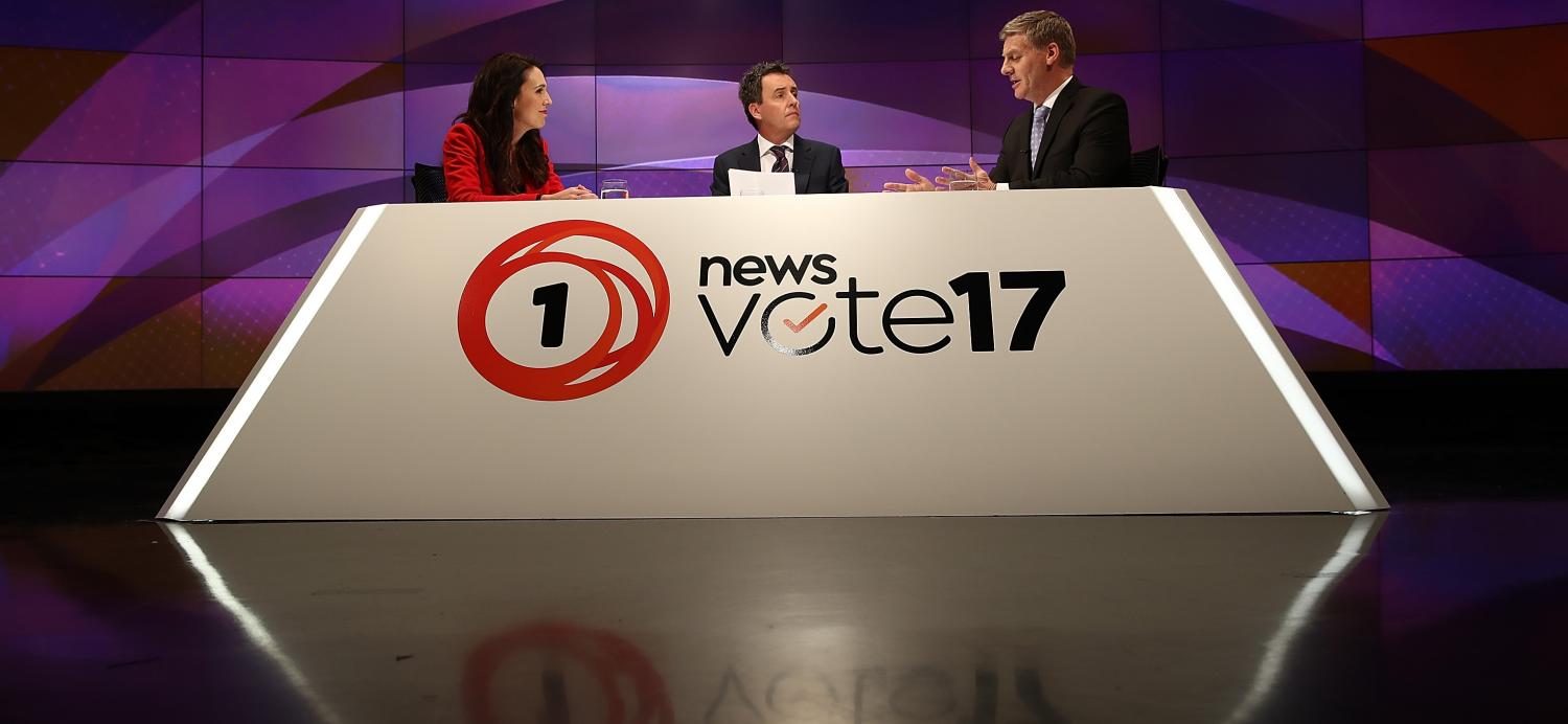 Labour leader Jacinda Ardern and New Zealand Prime Minister Bill English debate on TVNZ, September 2017 (Photo: Phil Walter/Getty Images)