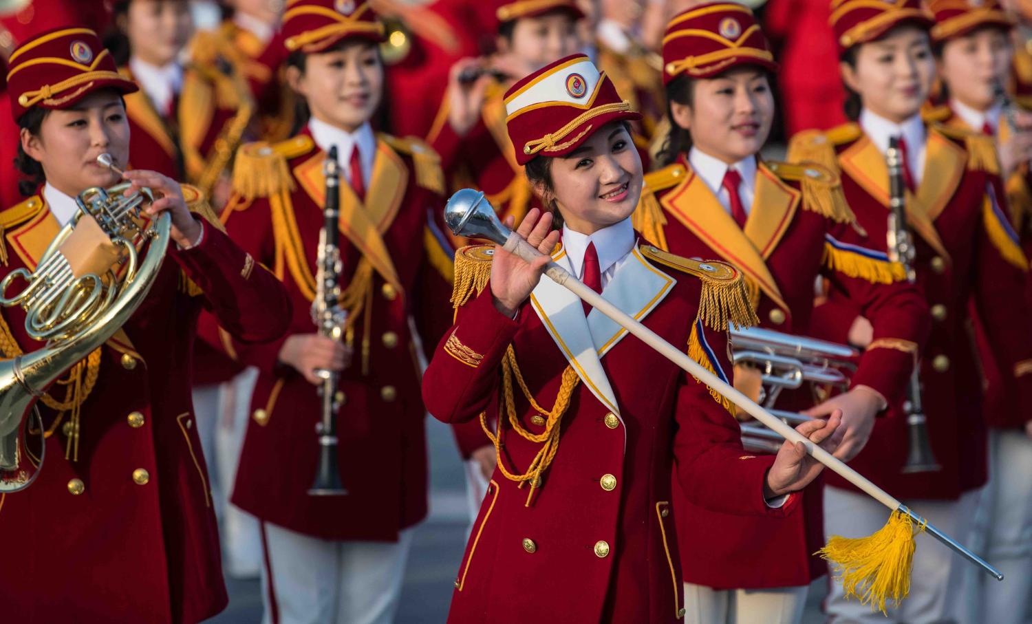North Korean cheerleaders perform in Gangneung Olympic Park on 15 February (Photo: Carl Court/Getty)