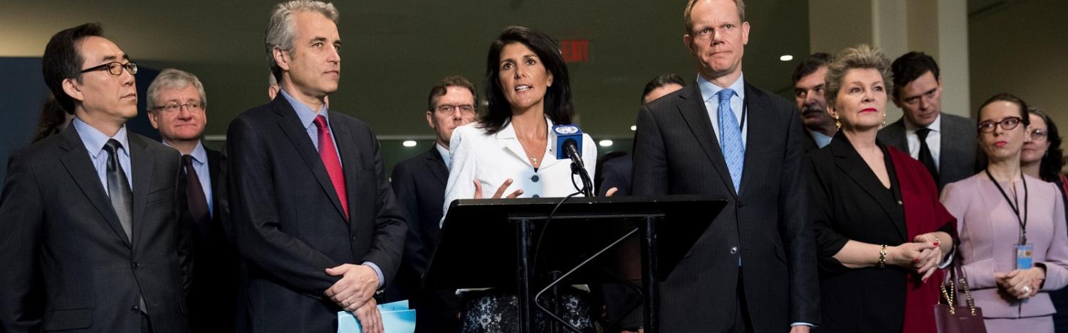 United in their isolation: The US UN Ambassador Nikki Haley with representatives of other nations opposing the nuclear ban treaty on 27 March (Photo: Drew Angerer/Getty)