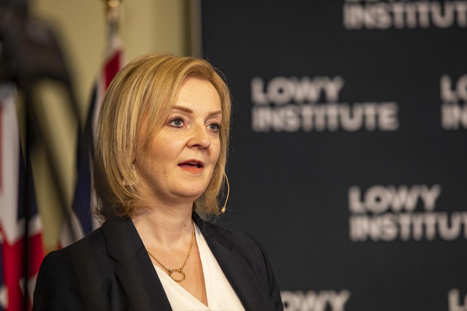 UK Foreign Secretary Elizabeth Truss speaking at the Lowy Institute on Friday (Dallas Kilponen)