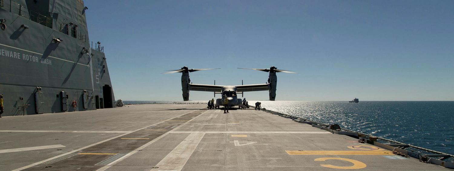 USS Bonhomme Richard's V22 Osprey lands on HMAS Canberra during Talisman Sabre 17 (Photo: Australian Defence).