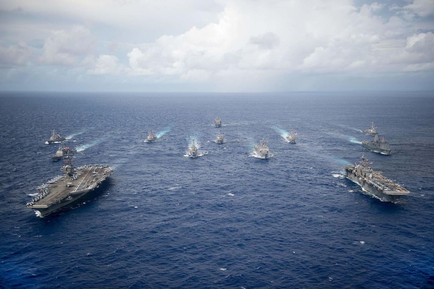 USS Ronald Reagan leads Carrier Strike Group Five and Expeditionary Strike Group Seven ships in an exercise in 2016. (Photo: US Navy/Creative Commons)